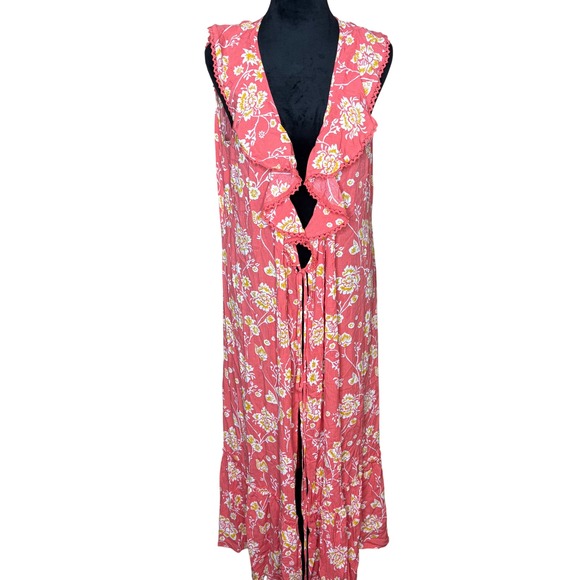 LOFT Beach Kimono Women's Sz Medium Floral Print Ruffle Trim Sleeveless Duster - Picture 1 of 8
